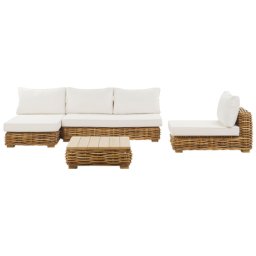 Lounge Set Natürlich Rattan 4-Sitzer Rechtsseitig mit Auflagen Cremeweiß Tisch und Lounger Boho Gartenausstattung Terrasse Outdoor