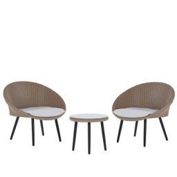 Gartenmöbel Set Natürlich 2-Sitzer Rattan Stahlgestell Runder Tisch Sicherheitsglas Inkl. Auflagen in Hellbeige Terrasse Outdoor Modern