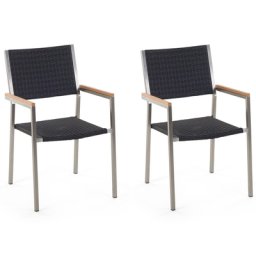 Gartenstühle 2er Set Schwarz / Silber Polyrattan Edelstahl Modern Terrasse Outdoor