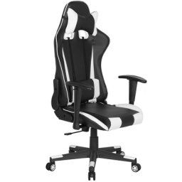 Bürostuhl Schwarz mit Weiß Kunstleder Drehstuhl höhenverstellbar mit Kissen und Fußstützen für Spieler Bequem Modern