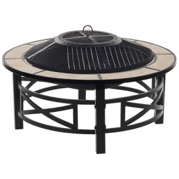 Feuerstelle Schwarz Stahl Rund mit Fliesenrand Schürhaken Funkenschutzhaube Grill- und Holzrost Rustikales Design