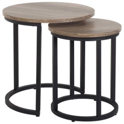 Beistelltische 2er Set Schwarz / Braun Dunkler Holzfarbton MDF Platte Pulverbeschichtetes Metall Holzoptik Rund Modern