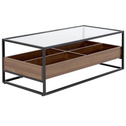 Couchtisch Dunkler Holzfarbton / Schwarz Glasplatte Metallrahmen mit Stauraum Rechteckig Industrie Modernes Design Kaffeetisch für Wohnzimmer
