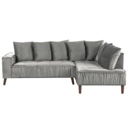 Ecksofa Grau Samt Linksseitig 3-Sitzer Sofa mit Vielen Kissen Metallfüßen Glamour Modern Wohnzimmer Büro Arbeitszimmer Wohnküche Esszimmer
