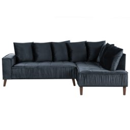 Ecksofa Schwarz Samt Linksseitig 3-Sitzer Sofa mit Vielen Kissen Metallfüßen Glamour Modern Wohnzimmer Büro Arbeitszimmer Wohnküche Esszimmer