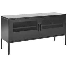 Schrank Schwarz Stahl 40 x 118 x 60 cm mit 2 durchsichtigen Gittertüren 2 Regalböden 2 Griffen Halbhoch Industrie Schlafzimmer Küche Wohnzimmer