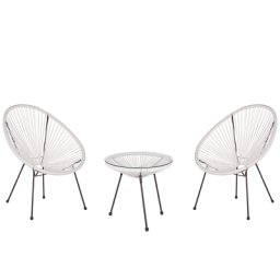 Balkonset Weiß Polyrattan Beistelltisch mit 2 Stühlen Spaghetti-Optik Modern Mexikanischer Stil Outdoor Balkon Terrasse Garten Möbel