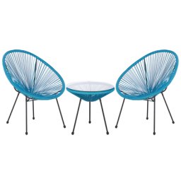 Balkonset Blau Polyrattan Beistelltisch mit 2 Stühlen Spaghetti-Optik Modern Mexikanischer Stil Outdoor Balkon Terrasse Garten Möbel