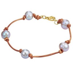 Valero Pearls Leder-Armband Sterling Silber Süßwasser-Zuchtperle in Gelbgold Armbänder & Armreife Damen