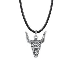 KUZZOI KUZZOI Halskette Herren Lederkette Stierkopf Oxidiert 925 Silber Herrenschmuck