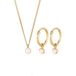 Elli PREMIUM Elli PREMIUM Schmuckset Kette Creolen Rosa Quarz Stein 925 Silber Schmuck-Set Damen