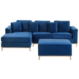 Ecksofa Dunkelblau Samtstoff L-Förmig Rechtsseitig Modern Zierkissen Ottomane Wohnzimmer