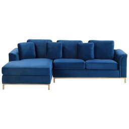 Ecksofa Dunkelblau Samtstoff L-Förmig Rechtsseitig Modern Zierkissen Wohnzimmer