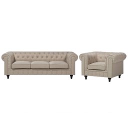 Sofa Set Beige Polsterbezug Sitzgruppe Chesterfield Stil Glamourös Wohnzimmer
