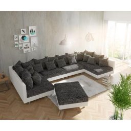 DELIFE Wohnlandschaft Clovis XL Weiss Schwarz mit Hocker modular, Design Wohnlandschaften, Couch Loft, Modulsofa, modular
