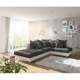 DELIFE Ecksofa Clovis Weiss Schwarz mit Hocker Ottomane Links, Design Ecksofas, Couch Loft, Modulsofa, modular