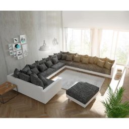 DELIFE Wohnlandschaft Clovis XXL Weiss Schwarz mit Hocker und Armlehne Ottomane Rechts, Design Wohnlandschaften, Couch Loft, Modulsofa, modular