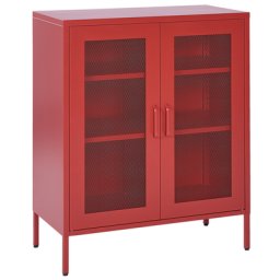 Schrank Rot Metall 80 x 40 x 102 cm mit 2 durchsichtigen Türen 2 Regalböden 2 Griffen Flur Schlafzimmer Küche Wohnzimmer