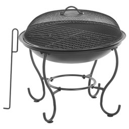 Feuerstelle Schwarz Stahl runde Feuerschale mit Funkenschutzhaube Grillrost Schürhaken in rustikaler Optik Garten Outdoor Ausstattung