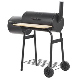 Holzkohlegrill Schwarz aus Stahl mit Räucherkammer Smoker auf Rädern Tonnengrill Rollbar BBQ Garten Outdoor Ausstattung