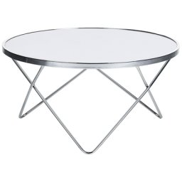 Couchtisch Weiß mit Silber Sicherheitsglas Metall 40 x 80 cm V förmigen Füße Glänzend Universell Rund Modern