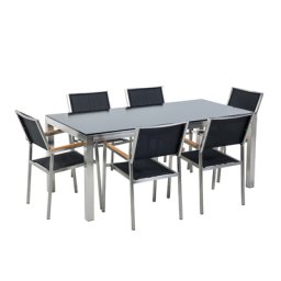 Gartenmöbel Set Schwarz Sicherheitsglas Edelstahl Tisch 180 cm 6 Stühle Terrasse Outdoor Modern