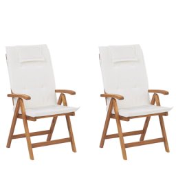 Gartenstuhl 2er Set Hellbraun Akazienholz klappbar verstellbar Auflagen Cremeweiß Stoffbezug Rustikal Landhaus Stil Outdoor