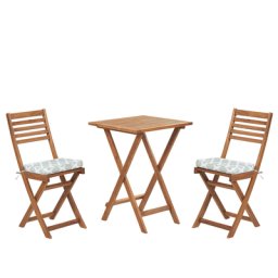 Balkonset Braun Akazienholz 2 Stühle 1 Teetisch 2 Auflagen im geometrischen Muster Mintgrün Gartenmöbelset