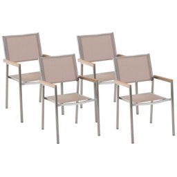 Gartenstühle 4er Set Silber Textilbespannung Beige mit Armlehnen aus Polyester Edelstahl Kunstholz Terrasse Outdoor Modernes Design