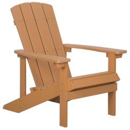 Gartenstuhl heller Holzfarbton Kunstholz breite Armlehnen Muskoka Adirondack Stil Terrasse Outdoor