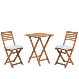 Balkonset Braun Akazienholz 2 Stühle 1 Teetisch 2 Auflagen im geometrischen Muster Gartenmöbelset