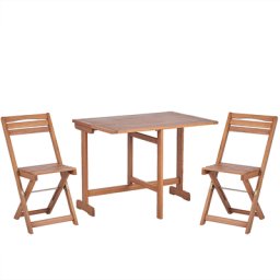 Balkonset Hellbraun Akazienholz Tisch rechteckig 65x95 cm mit 2 klappbaren Stühlen Landhaus Stil Terrasse Balkon Garten Möbel