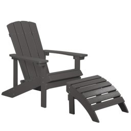 Gartenstuhl mit Fußhocker Dunkelgrau Kunstholz Muskoka Stuhl mit breiten Armlehnen Gartenmöbel Gartenausstattung Lounge Terrasse