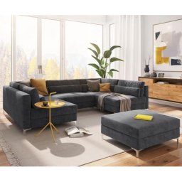 DELIFE Wohnlandschaft Elio 300x185 cm Mikrofaser Graphite mit Hocker, Wohnlandschaften