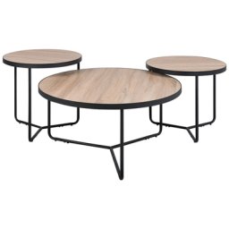 Couchtisch 3er Set Heller Holzfarbton/ Schwarz MDF Tischplatte Metallgestell Rund Modern