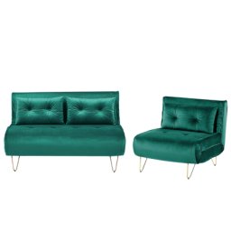Sofa 3- Sitzer Set Dunkelgrün Samtstoff Sitzgruppe Schlaffunktion Verstellbare Rückenlehne Zierkissen Modern Wohnzimmer