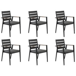 Gartenstuhl 6er Set Schwarz Aluminium mit Sitzkissen Grau Stoff Armlehnen Holzoptik Stapelbar Modern Outdoor Indoor Terrasse Balkon Ausstattung