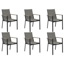 Gartenstuhl 6er Set Schwarz Aluminium mit Bespannung Grau Stoff Armlehnen Holzoptik Stapelbar Modern Outdoor Indoor Terrasse Balkon Ausstattung