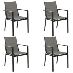 Gartenstuhl 4er Set Schwarz Aluminium mit Bespannung Grau Stoff Armlehnen Holzoptik Stapelbar Modern Outdoor Indoor Terrasse Balkon Ausstattung