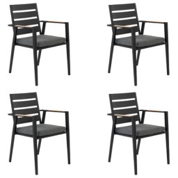 Gartenstuhl 4er Set Schwarz Aluminium mit Sitzkissen Grau Stoff Armlehnen Holzoptik Stapelbar Modern Outdoor Indoor Terrasse Balkon Ausstattung