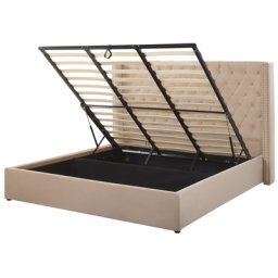 Bett mit Bettkasten Beige Gepolstert 180 x 200 cm Lattenrost Hohes Kopfteil Knopfheftung Nieten Retro Klassisch Schlafzimmer