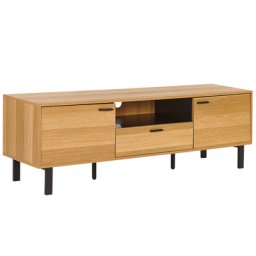 TV-Möbel Heller Holzfarbton / Schwarz MDF-Platte 160 x 40 x 51 cm mit Metallgestell 2 Türen Schublade Offenem Fach Wohnzimmer Ausstattung