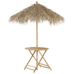 Gartentisch mit Sonnenschirm Naturfarben aus Bambusholz und Seegras 85 cm Rund Bistro Set für Garten Balkon Terrasse Outdoor
