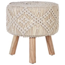 Hocker Beige aus Baumwolle 40 x 40 cm Rund Makramee Muster Geflochten Boho Stil Fußhocker für Wohnzimmer Kinderzimmer Flur