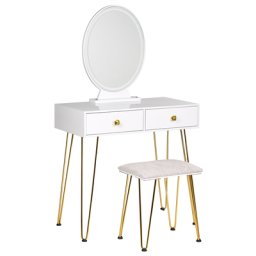 Schminktisch Weiß und Gold MDF-Platte mit Metallbeinen Ovalem LED-Spiegel 2 Schubladen Hocker Glamour für Erwachsene Schlafzimmer Jugendzimmer