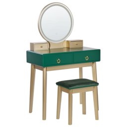Schminktisch Grün und Gold MDF-Platte mit Holzbeinen Rundem LED-Spiegel 4 Schubladen Hocker Glamour für Erwachsene Schlafzimmer Jugendzimmer