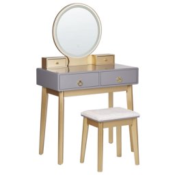 Schminktisch Grau und Gold MDF-Platte mit Holzbeinen Rundem LED-Spiegel 4 Schubladen Hocker Glamour für Erwachsene Schlafzimmer Jugendzimmer