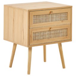 Nachttisch mit 2 Schubladen aus hellem Holz mit Türen aus Rattan im Boho-Stil Nachttisch