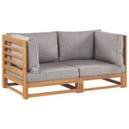 Gartensofa Hellbraun Akazienholz mit 6 Auflagen Taupe 2-Sitzer Sofa Retro Landhaus Stil Terrasse Outdoor Außenbereich