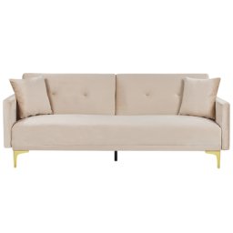 Sofa Beige Samtstoff 3-Sitzer Schlaffunktion Klassisch Glamour Zwei Zierkissen Wohnzimmer